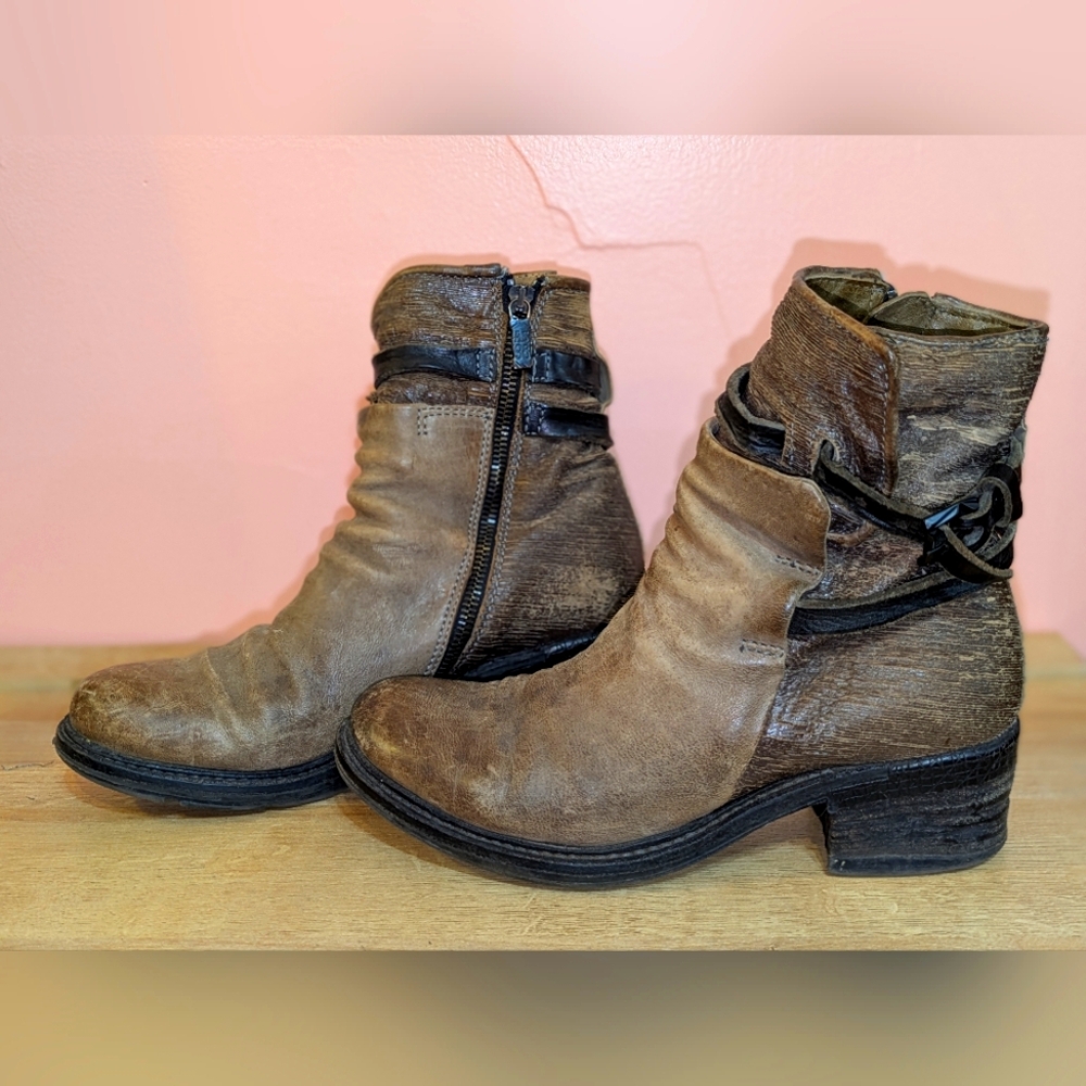 A.S.98 Moto Combat Boot Zipper Distressed Leather Heeled Buckle Free People 39